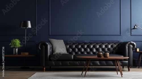 A contemporary black leather sofa against a dark navy solid color pattern wall. © Fahad
