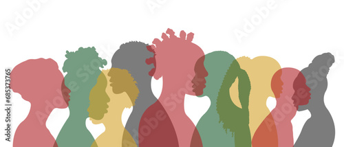Silhouettes of dark-skinned people. Vector illustration with silhouettes of African and African-American men and women standing side by side together.