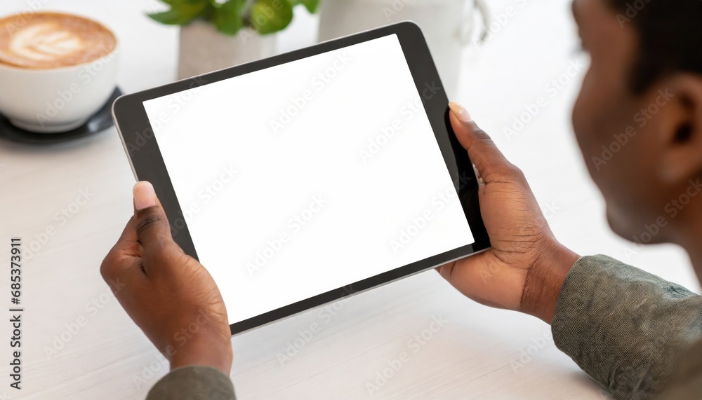 Close-up hands holding a tablet with a white screen mock-up. Generative AI.