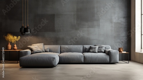 A contemporary modular sofa against a slate gray solid color pattern wall.