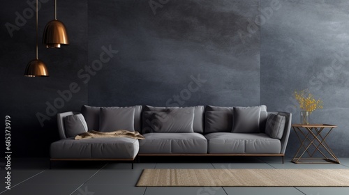 A contemporary modular sofa against a dark gray solid color pattern wall.