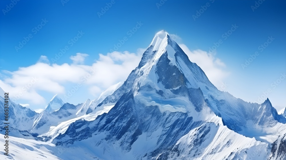 beautiful snow mountain panoramic mountain peak with clear blue nice cloud sky background. Generative AI