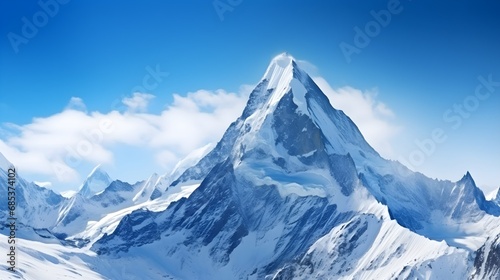 beautiful snow mountain panoramic mountain peak with clear blue nice cloud sky background. Generative AI