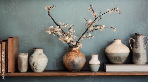 A cozy corner with antique vases and weathered books against a serene, pale blue Japanese-style wall.
