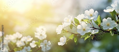The white flowers are blooming beautifully, surrounded by green nature, open sky, and shining sun.
