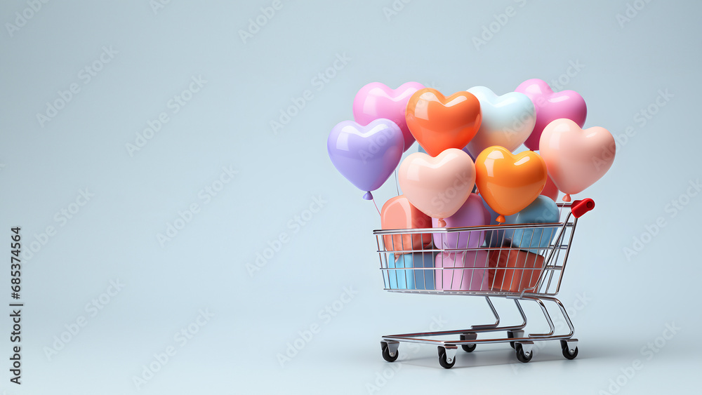 Shopping cart banner with heart shaped balloons. E-commerce. Mother's Day and Valentine's concept. Romantic background. Copy space.