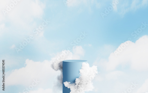 3D display podium blue background. White cloud with pedestal in the sky for beauty, cosmetic product presentation. 3d render, dreamy mockup. Natural, realistic cloudscape. Heaven concept