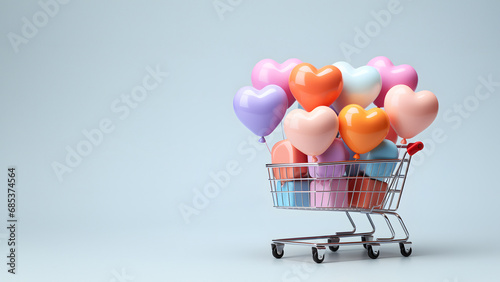 Obraz na płótnie Shopping cart banner with heart shaped balloons. E-commerce. Mother's Day and Valentine's concept. Romantic background. Copy space. w salonie