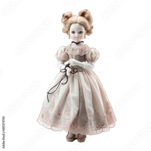A Porcelain Doll Dressed in Victorian Attire Isolated to Highlight Its Delicate Features and Period Costume.. Cutout PNG.