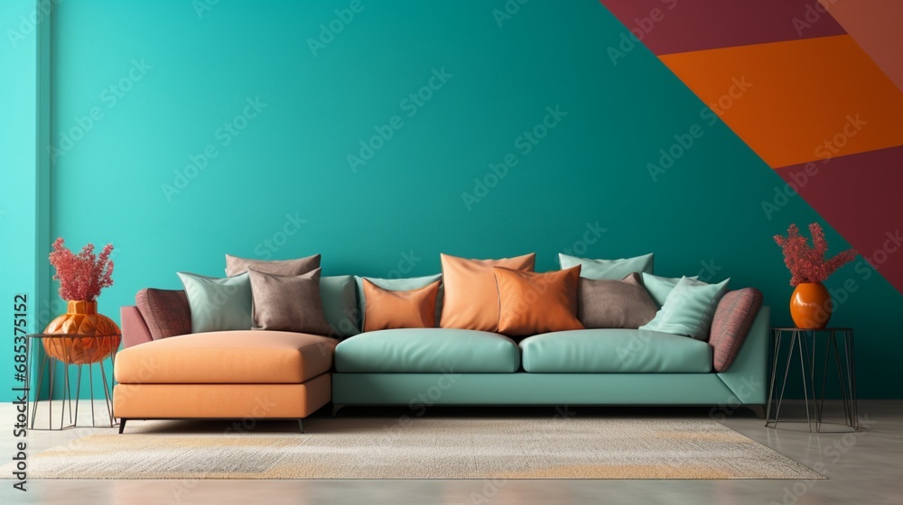 A dual-tone sectional sofa against a gradient teal solid color pattern wall.