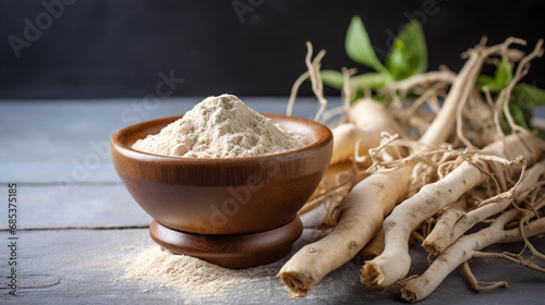 Ashwagandha roots lying on the table, ground ashwagandha roots, ashwagandha powder photo