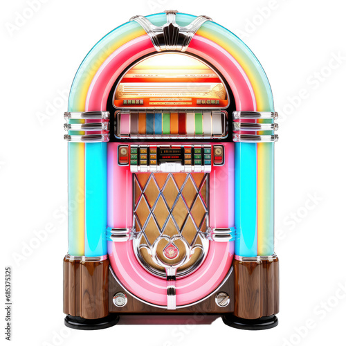 A Colorful Retro Diner. Style Jukebox Isolated to Evoke the Vibrant Music Culture of the 1950s and 60s.. Cutout PNG.