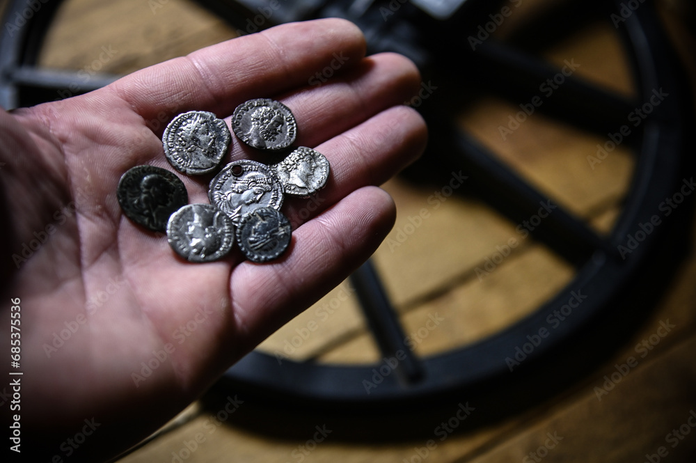 Antique Roman coins, denarius, found by a metal detector - obrazy, fototapety, plakaty 