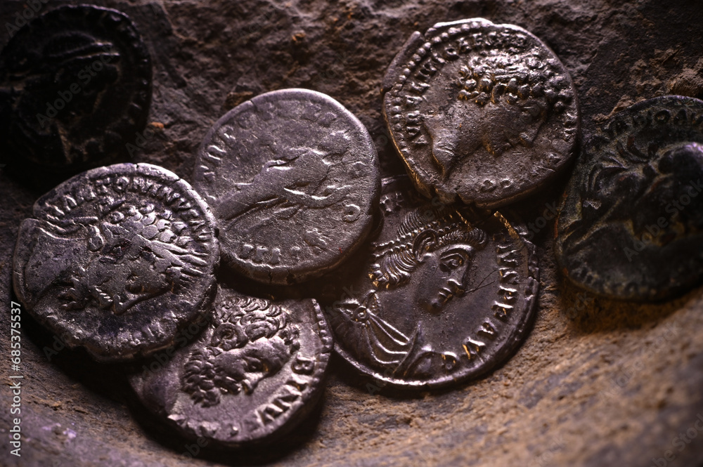 Antique Roman coins, denarius, found by a metal detector