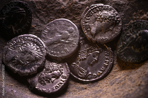 Antique Roman coins, denarius, found by a metal detector photo