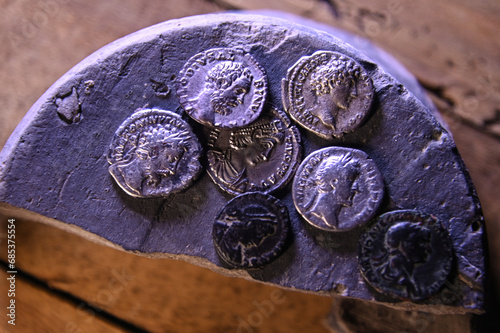 Obraz na płótnie Antique Roman coins, denarius, found by a metal detector w salonie