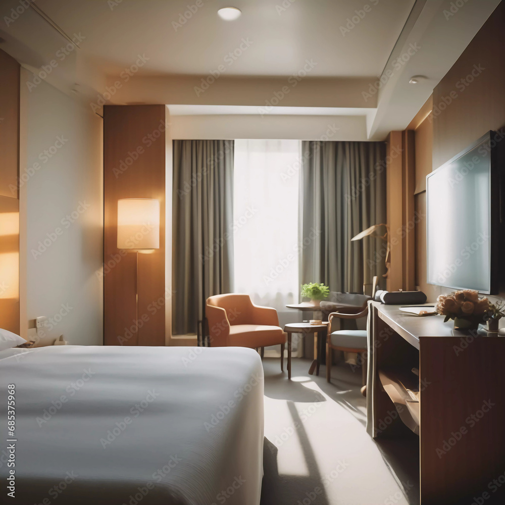 Fototapeta premium Modern Luxury Unveiled: Step Inside the Ultimate Tranquil Retreat of a Sleek Hotel Room!