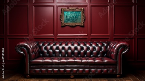A leather Chesterfield sofa against a deep maroon solid color pattern wall. © Fahad