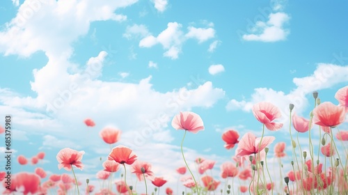 Beautiful Pink cosmos flower blooming in the field in sunny day. AI generated image © atapdesain