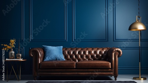 A luxurious leather sofa against a deep blue solid color pattern wall. © Fahad
