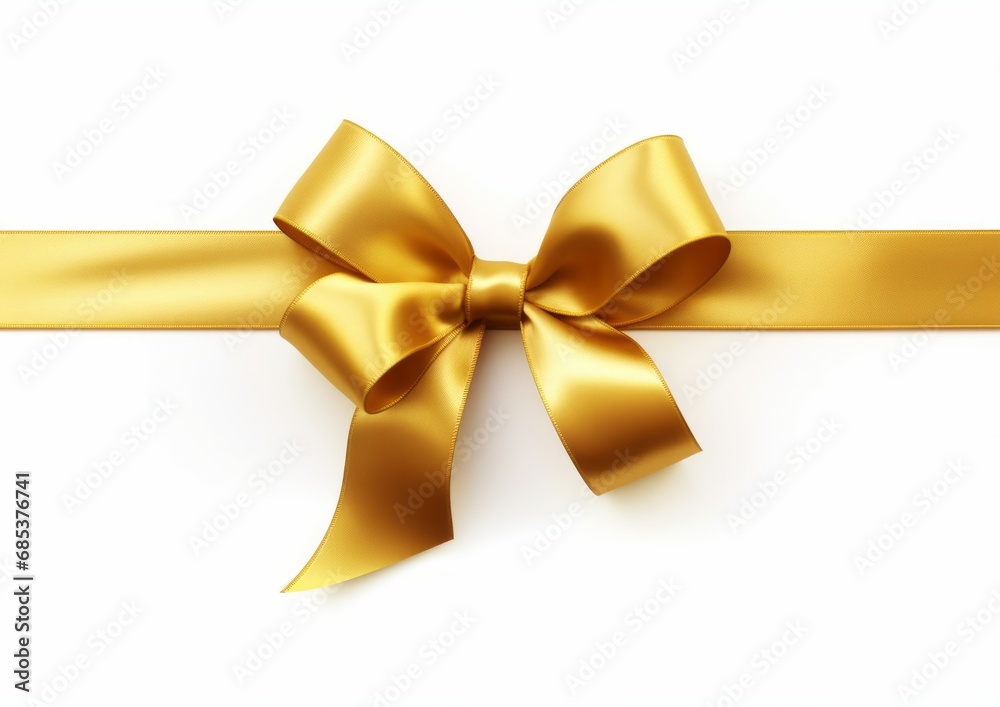 Yellow shiny color satin ribbon on white background. Christmas gift, valentines day, birthday wrapping element