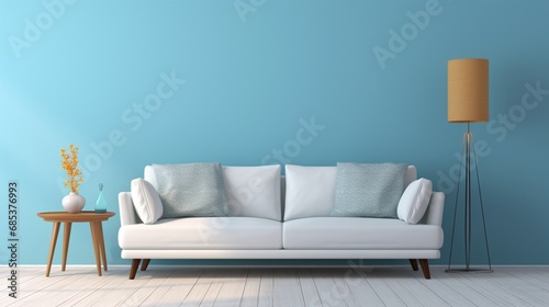 A minimalist white sofa set against a light blue solid color pattern wall.