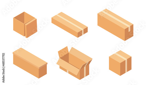 Cardboard boxes set. Delivery of goods and parcels. Mail and post service. Shipping, transportation and logistics. Cartoon isometric vector collection isolated on white background © Rudzhan