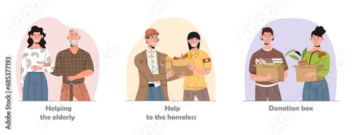 Charity work set. Helping elderly and homeless with donaton box. Volunteers and activist of charitable fund, organization. Cartoon flat vector collection isolated on white background