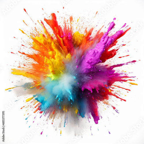 close up of vibrant and colorful explosion of paint, powder. Bright and vivid colors, with reds, yellows, blues, greens and purples blending together in an eye-catching display. 