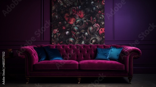 A plush velvet sofa against a deep plum solid color pattern wall.