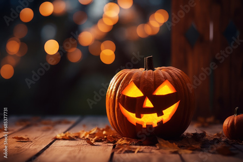 Halloween Pumpkin with Glowing Eyes, Forest Sunset Halloween Scene