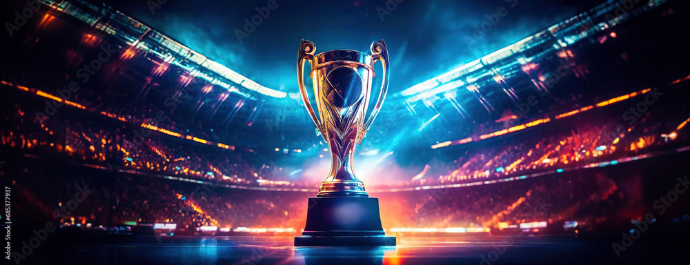 World championship winner cup trophy at sports stadium empty background. Dark night evening stylish neon lights, center or midfield. Panorama with copy space. - obrazy, fototapety, plakaty 