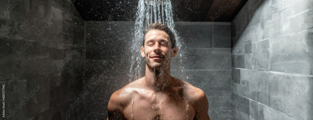 Cold water therapy young man standing under flow of an icy shower. Hardening after hot sauna, healthy lifestyle and training concept. Wellness and spa. Completely soaked male, loving every moment.