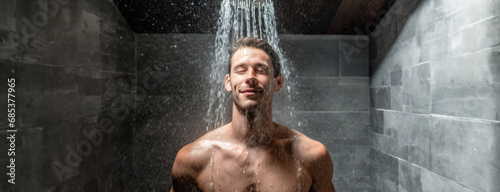 Obraz na płótnie Cold water therapy young man standing under flow of an icy shower. Hardening after hot sauna, healthy lifestyle and training concept. Wellness and spa. Completely soaked male, loving every moment. w salonie