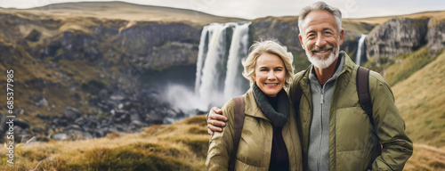 Cheerful senior couple enjoying nature outdoors in mountains with waterfall view. Joyful elderly family traveling together. Man and woman on hike with smile on faces.