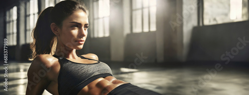 Young strong sporty athletic woman pumping abdominal abs exercises at floor, press warm up train indoor at gym. Workout sport concept. Panorama with copy space.