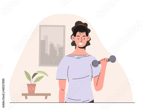Everyday life of girl concept. Woman with dumbbell. Sports equipment, active lifestyle and fitness. Poster or banner. Cartoon flat vector illustration isolated on white background