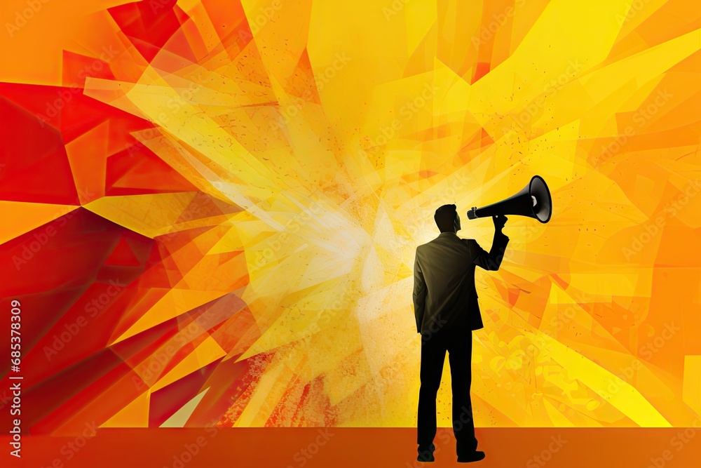 a person holds a megaphone on an abstract yellow background Generative Ai