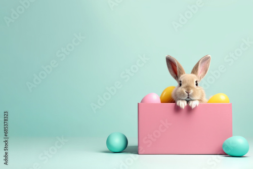 Cute Easter rabbit looking out of pink gift box with colorful eggs, colored background