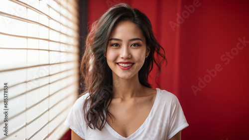 Ritratto di una bellissima donna di origini asiatiche vestita con abito bianco su sfondo rosso, studio fotografico.