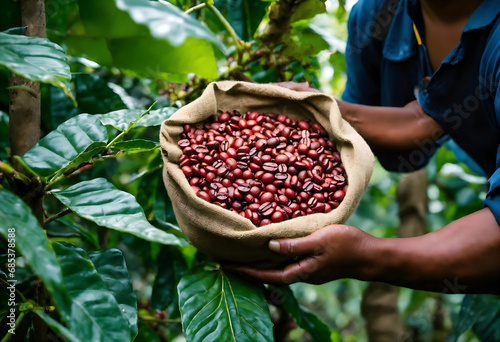 roasted brown coffee beans in farmer hand. group of people Colombian farmers working at a coffee farm. farmers team collecting coffee beans at a brazilian farm in big sack, basket, box. generative ai