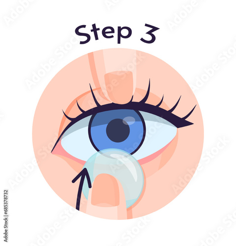 How to properly insert lens infographic. Cleanliness and hygiene. Graphic element for website. Third step of educational material. Cartoon flat vector illustration isolated on white background