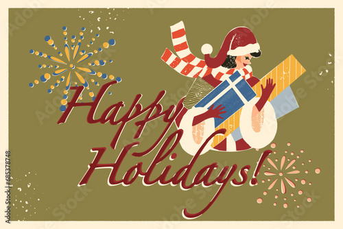Retro mid-century Christmas card, Happy Holidays vintage greeting design, a lady Santa Claus holding gift boxes, present