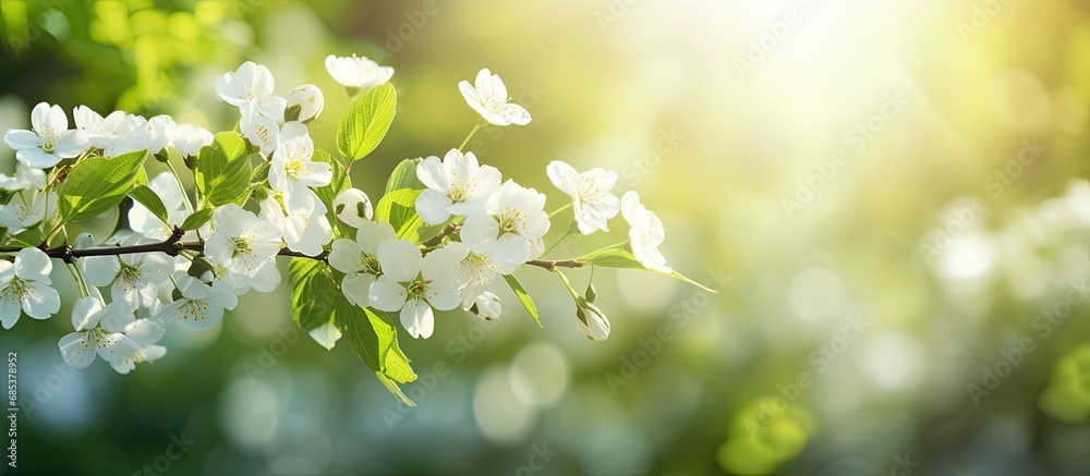 The blooming white flowers and vibrant green nature under the shining sun create a breathtaking scene.