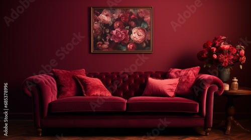 A plush velvet sofa against a deep burgundy solid color pattern wall.
