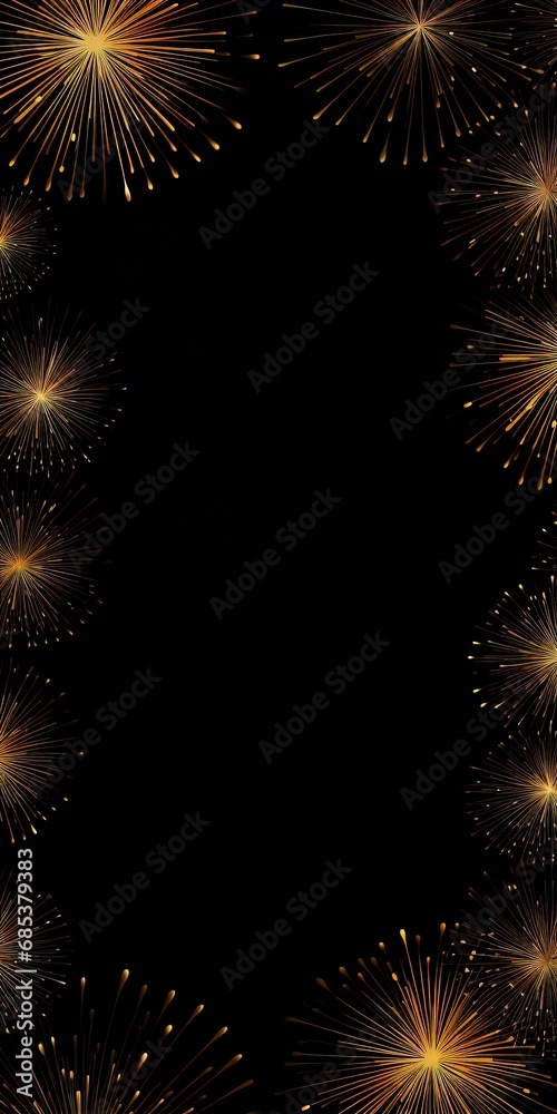 Naklejka premium Black New Years banner with golden fireworks and room for copy. 