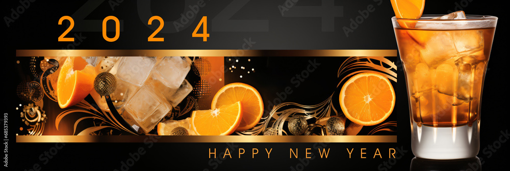 happy new year 2024 banner, modern new year's eve party card design, orange and black winter party ticket with copy space - obrazy, fototapety, plakaty 