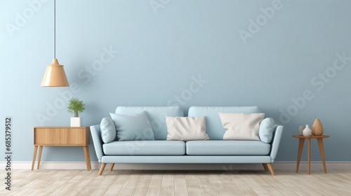A sofa isolated before a light gray solid color pattern wall.