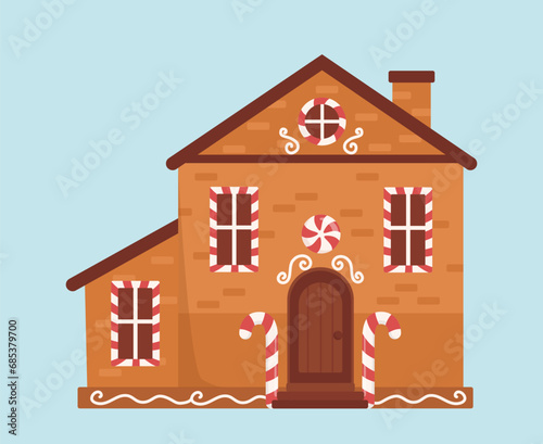 Gingerbread house concept. Pastry and homemade bakery product for Christmas and New Year. Dessert for winter holidays. Cartoon flat vector illustration isolated on blue background
