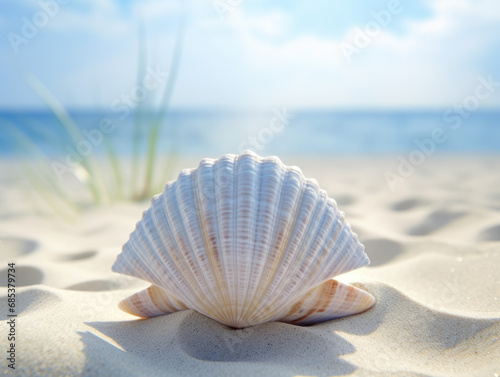 Close-up of a single, pristine seashell on a sandy beach. © B & G Media